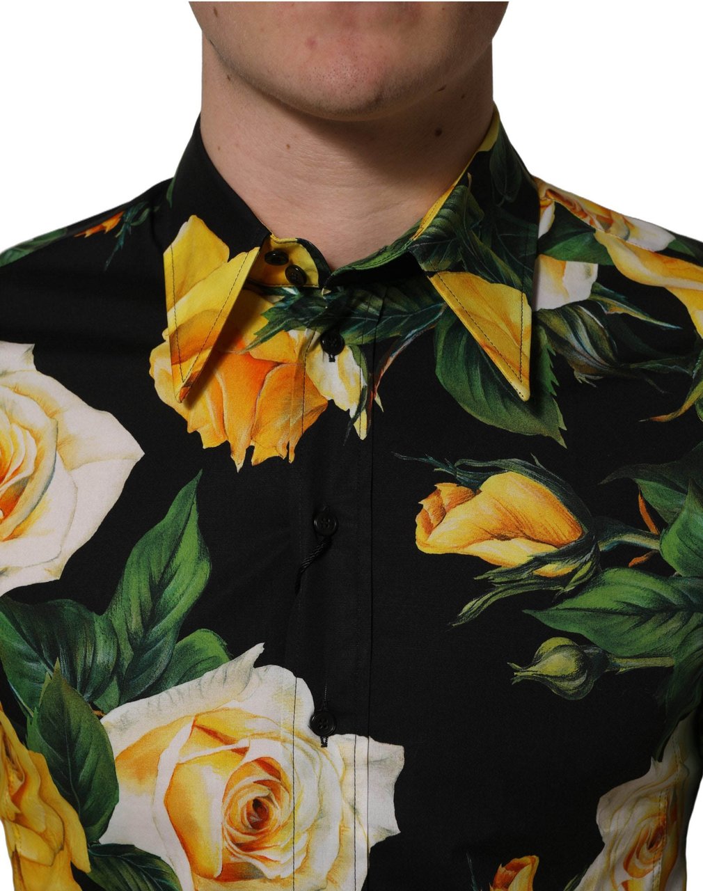 Dolce & Gabbana Black Floral Stretch Cotton SICILIA Fit Dress Shirt Zwart