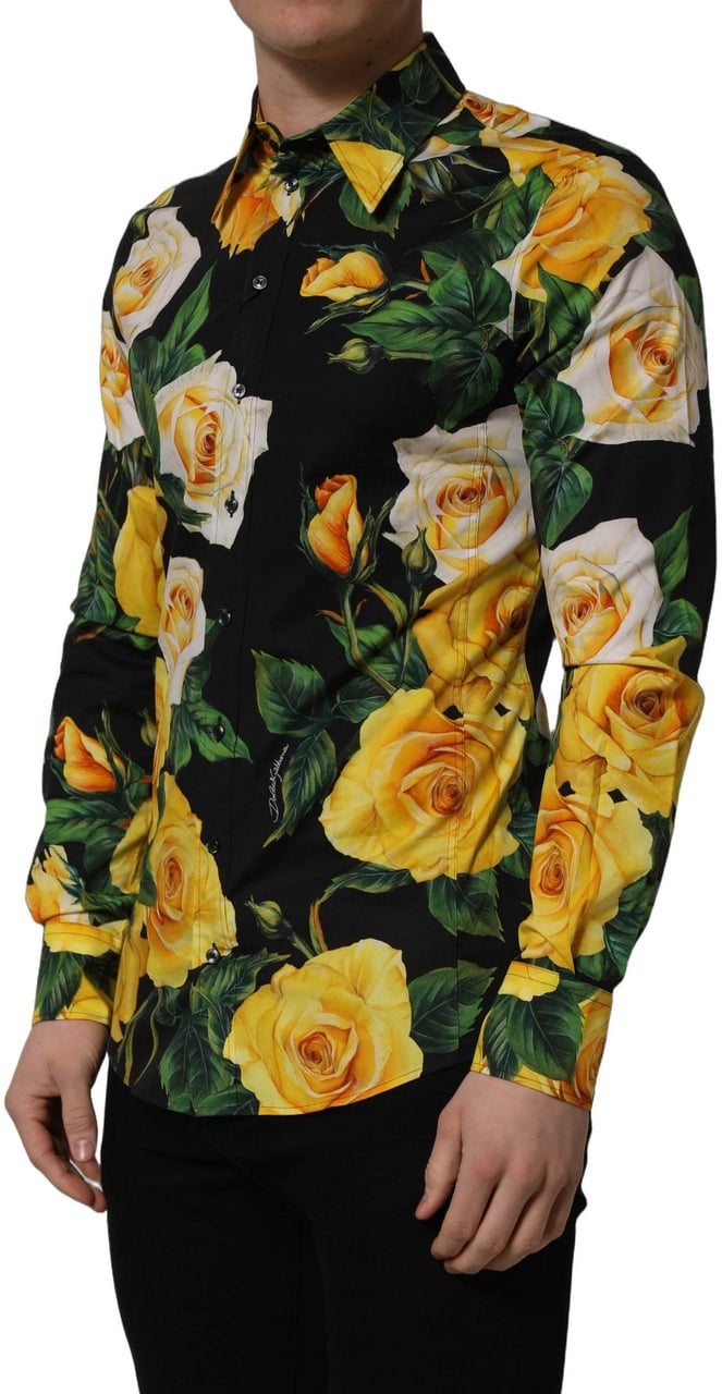 Dolce & Gabbana Black Floral Stretch Cotton SICILIA Fit Dress Shirt Zwart