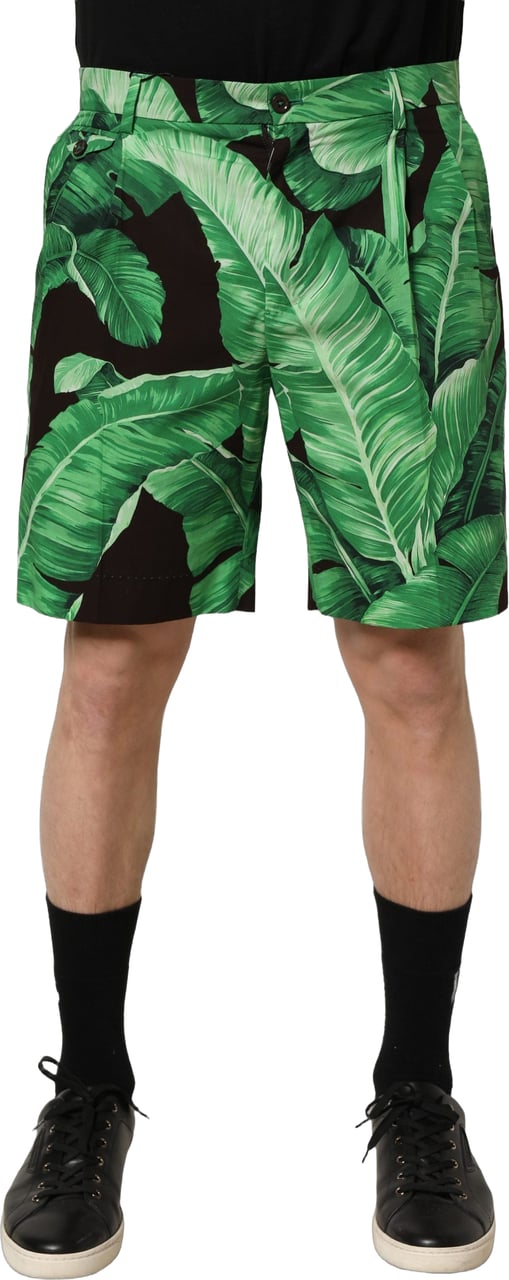 Dolce & Gabbana Black Green Banana Leaf Men Bermuda Shorts Groen