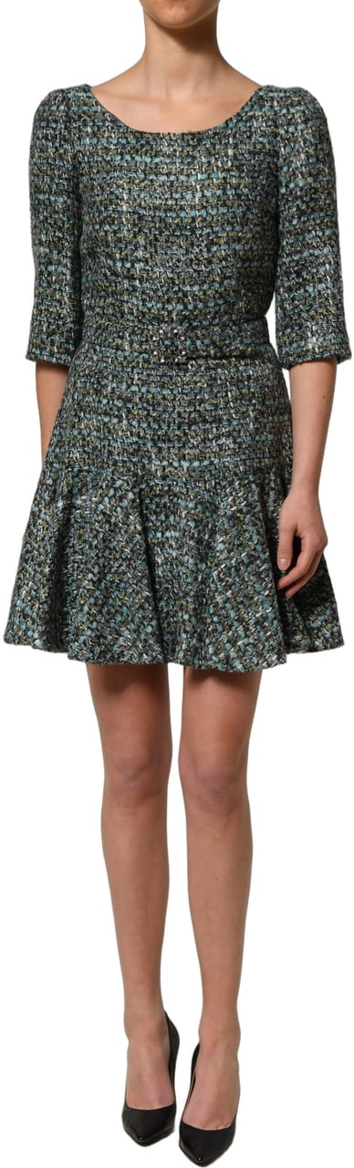 Dolce & Gabbana Multicolor Tweed Belted Babydoll Mini Dress Divers
