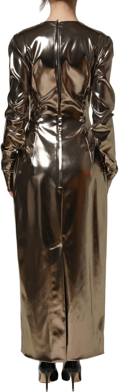 Dolce & Gabbana Metallic Gold Polyester LongSleeve Maxi Dress Metallic