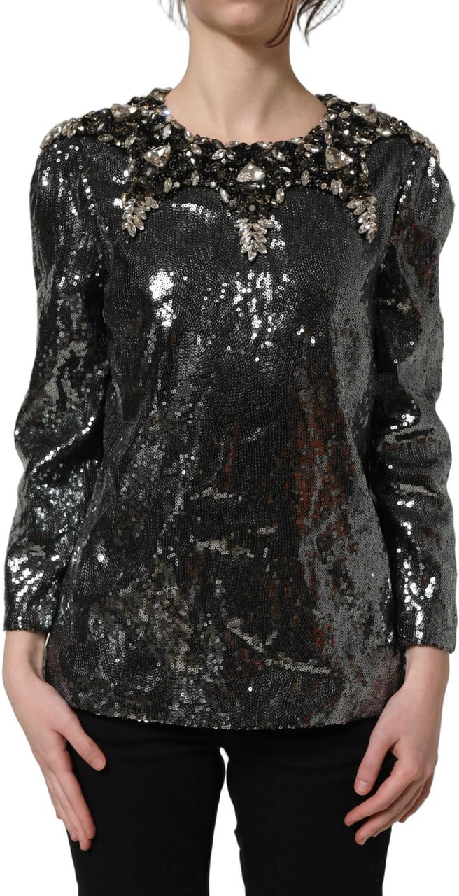 Dolce & Gabbana Metallic Gray Sequin Embellished Blouse Top Grijs