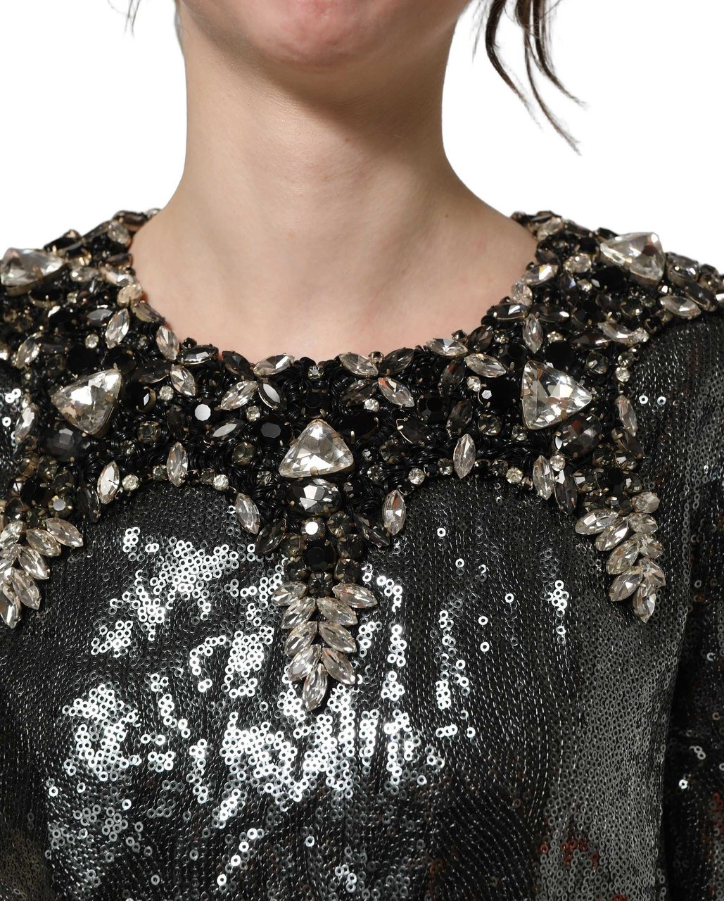 Dolce & Gabbana Metallic Gray Sequin Embellished Blouse Top Grijs