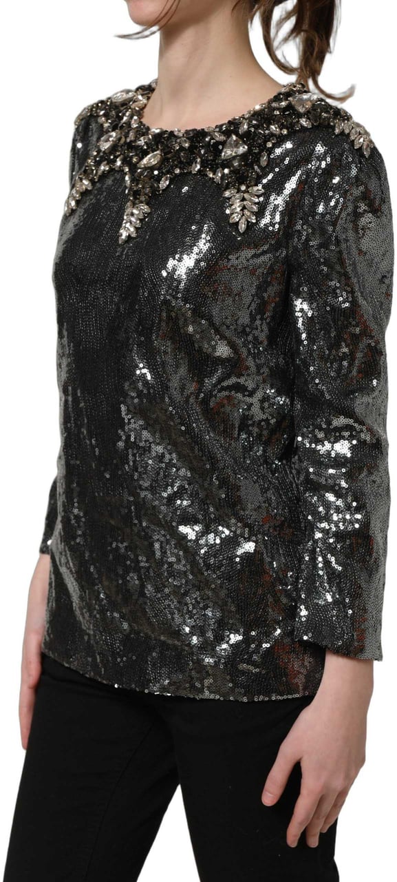 Dolce & Gabbana Metallic Gray Sequin Embellished Blouse Top Grijs
