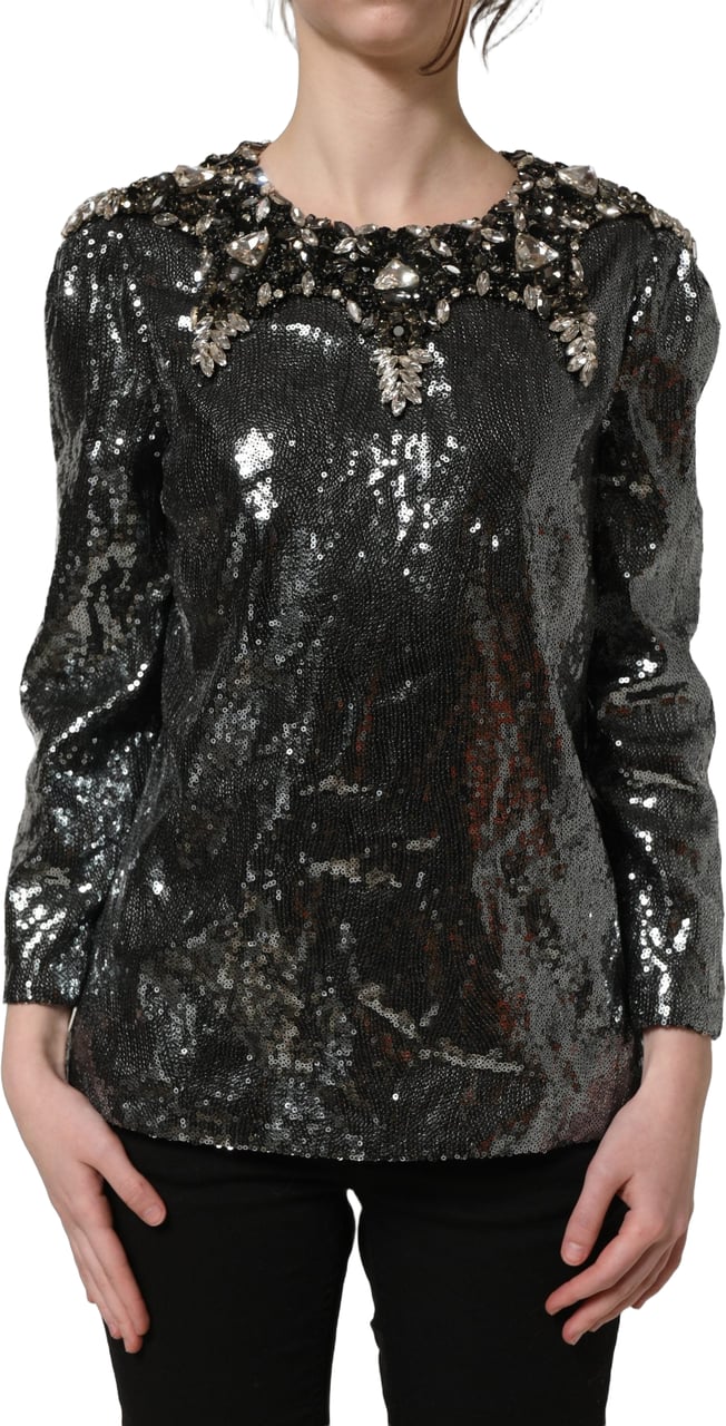Dolce & Gabbana Metallic Gray Sequin Embellished Blouse Top Grijs