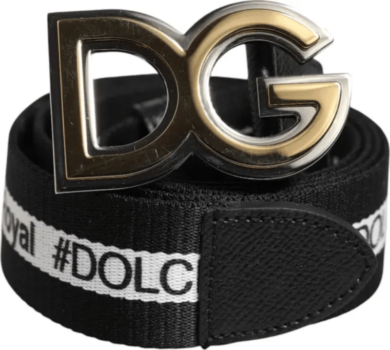 Dolce & Gabbana Dolce & Gabbana Black Cotton Metal DG Logo Gold Buckle Belt Dierenprint