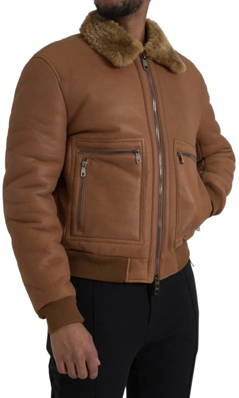Dolce & Gabbana Brown Leather Fur Button Biker Coat Men's Jacket Bruin