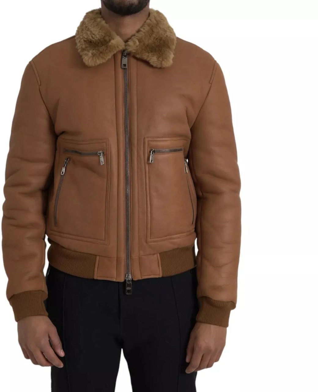 Dolce & Gabbana Brown Leather Fur Button Biker Coat Men's Jacket Bruin