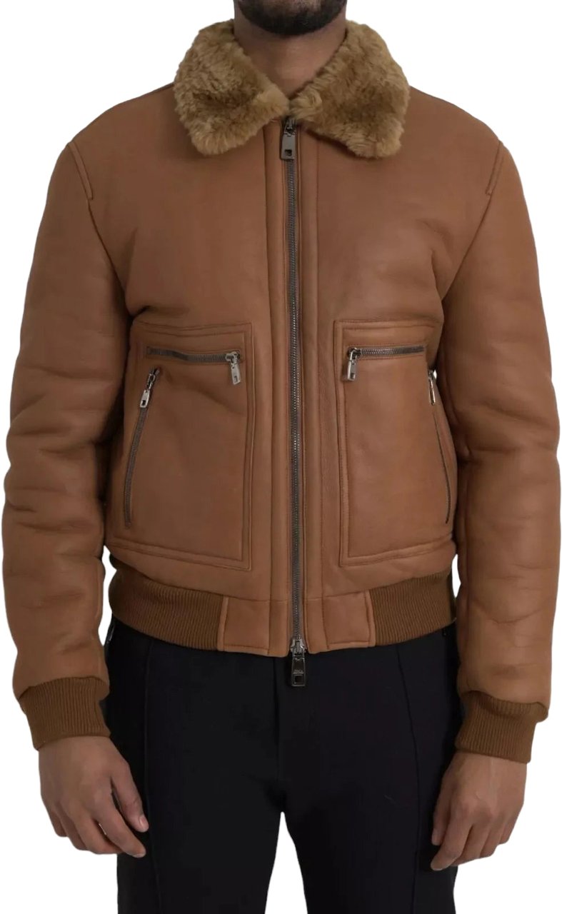 Dolce & Gabbana Dolce & Gabbana Brown Leather Fur Button Biker Coat Men's Jacket Bruin
