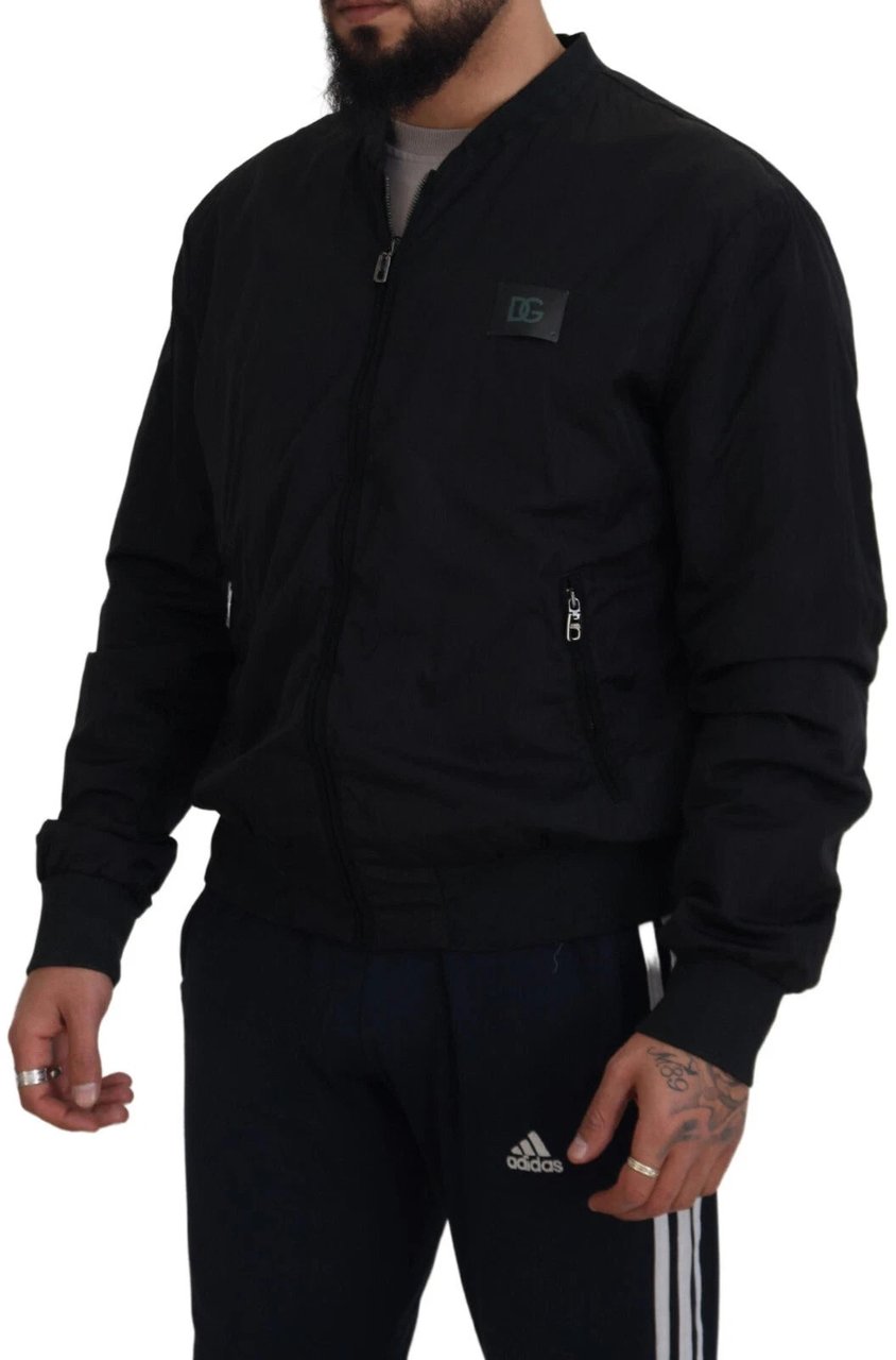 DOLCE & GABBANA Black Nylon Logo Bomber Jacket Zwart
