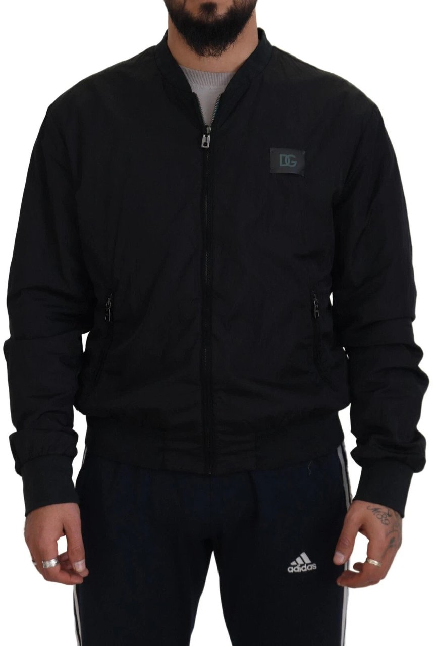 DOLCE & GABBANA Black Nylon Logo Bomber Jacket Zwart