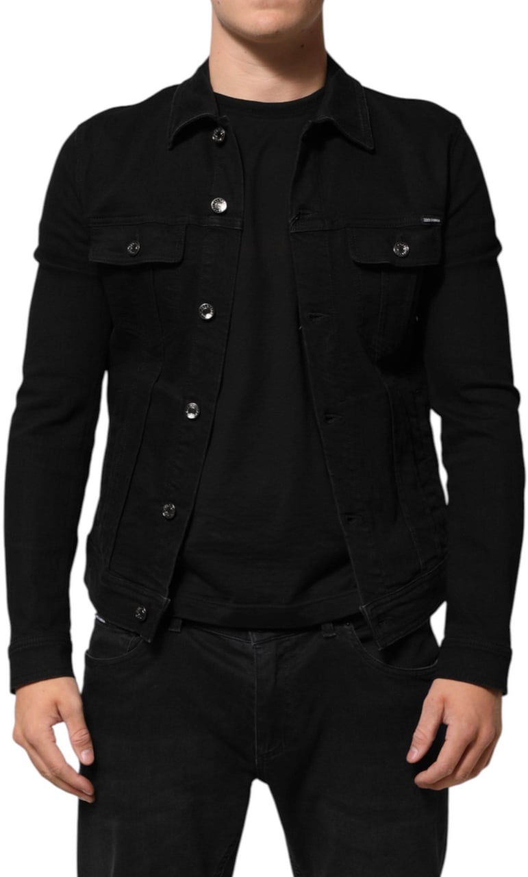 Dolce & Gabbana Black Cotton Denim Stretch Button Up Jacket Zwart