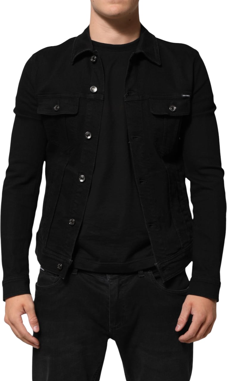Dolce & Gabbana Black Cotton Denim Stretch Button Up Jacket Zwart
