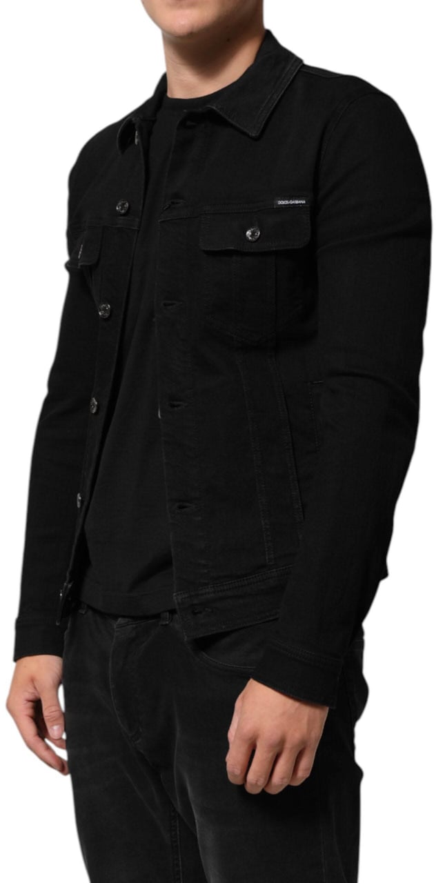Dolce & Gabbana Black Cotton Denim Stretch Button Up Jacket Zwart