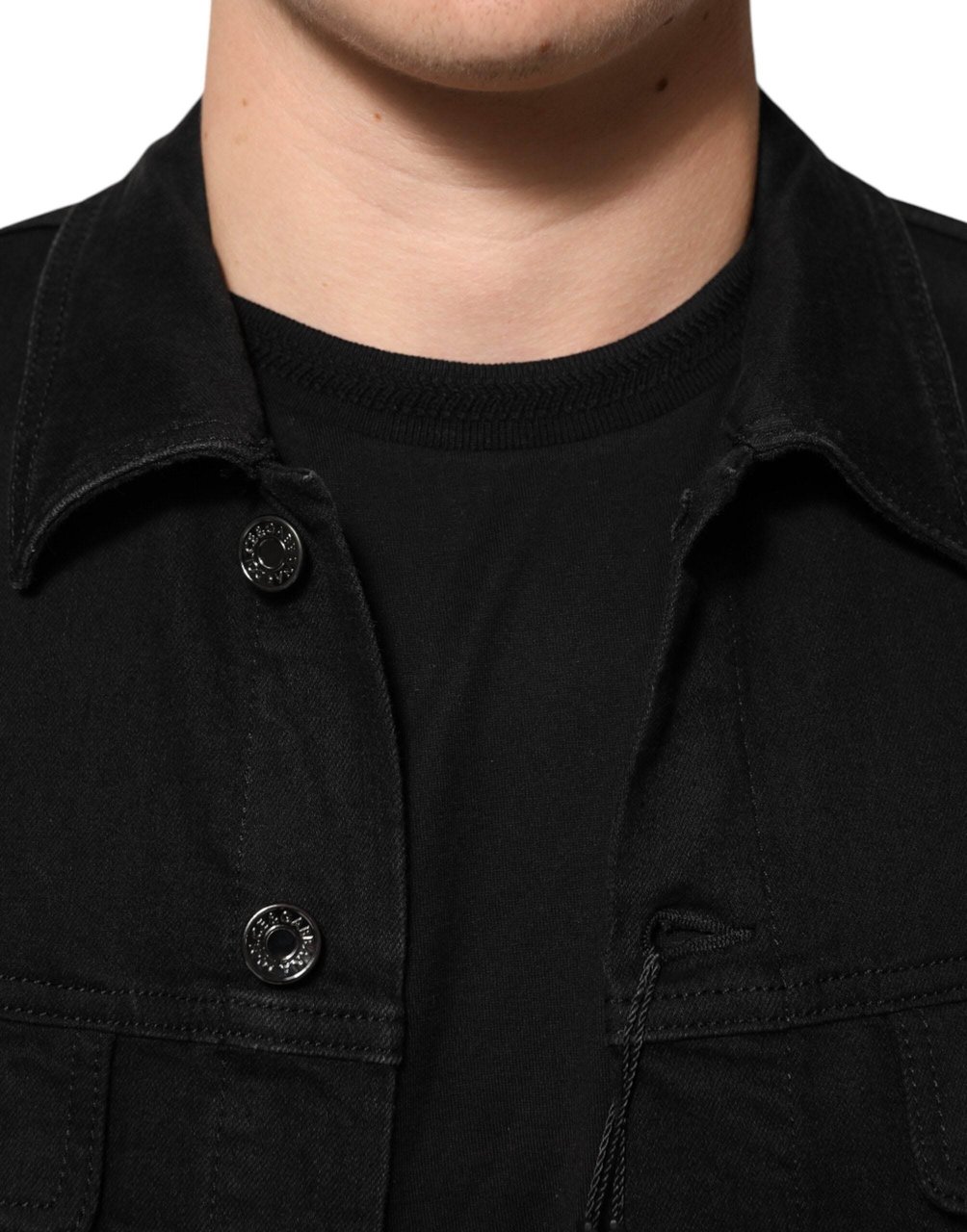 Dolce & Gabbana Black Cotton Denim Stretch Button Up Jacket Zwart