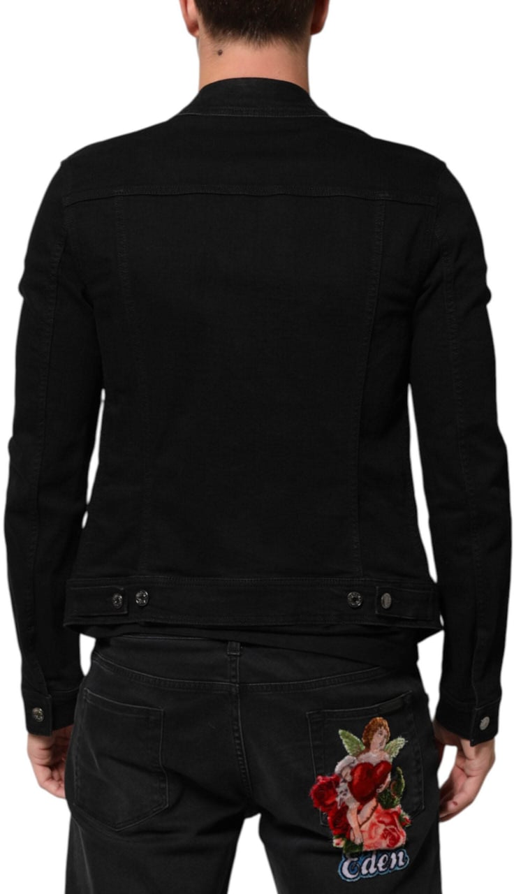 Dolce & Gabbana Black Cotton Denim Stretch Button Up Jacket Zwart