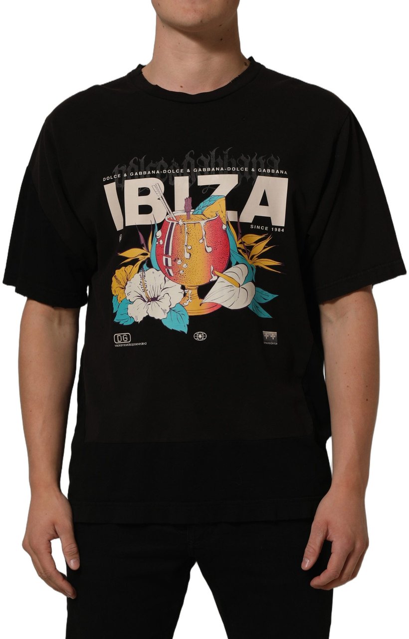 Dolce & Gabbana Black Tropical "IBIZA" Men Crew Neck T-shirt Zwart