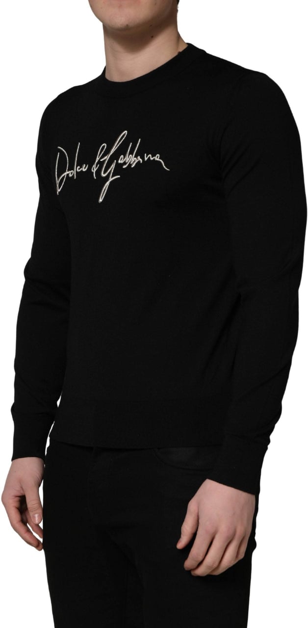 Dolce & Gabbana Black embroidered Logo Crew Neck Pullover Sweater Zwart