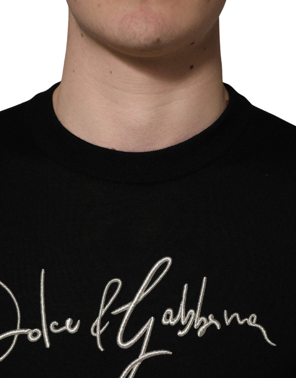 Dolce & Gabbana Black embroidered Logo Crew Neck Pullover Sweater Zwart