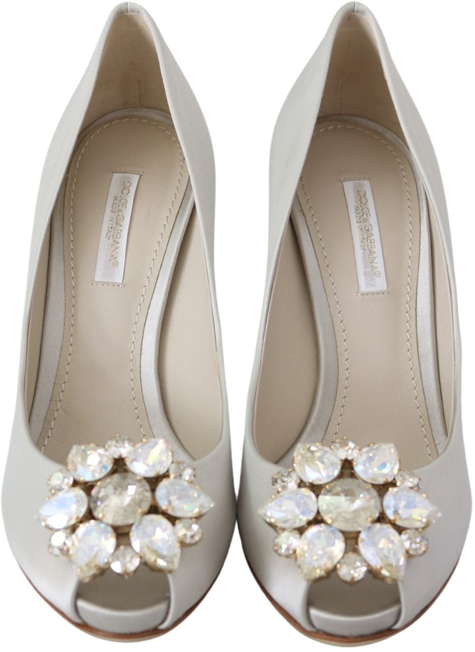 Dolce & Gabbana White Crystals Peep Toe Heels Satin Pumps Shoes Wit