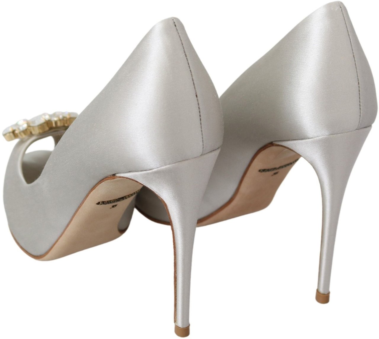 Dolce & Gabbana White Crystals Peep Toe Heels Satin Pumps Shoes Wit