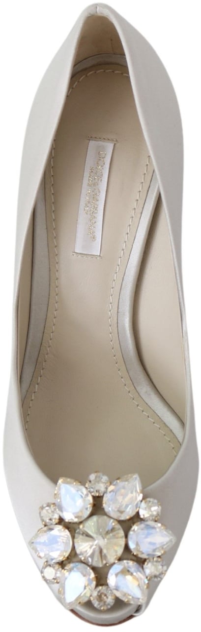 Dolce & Gabbana White Crystals Peep Toe Heels Satin Pumps Shoes Wit