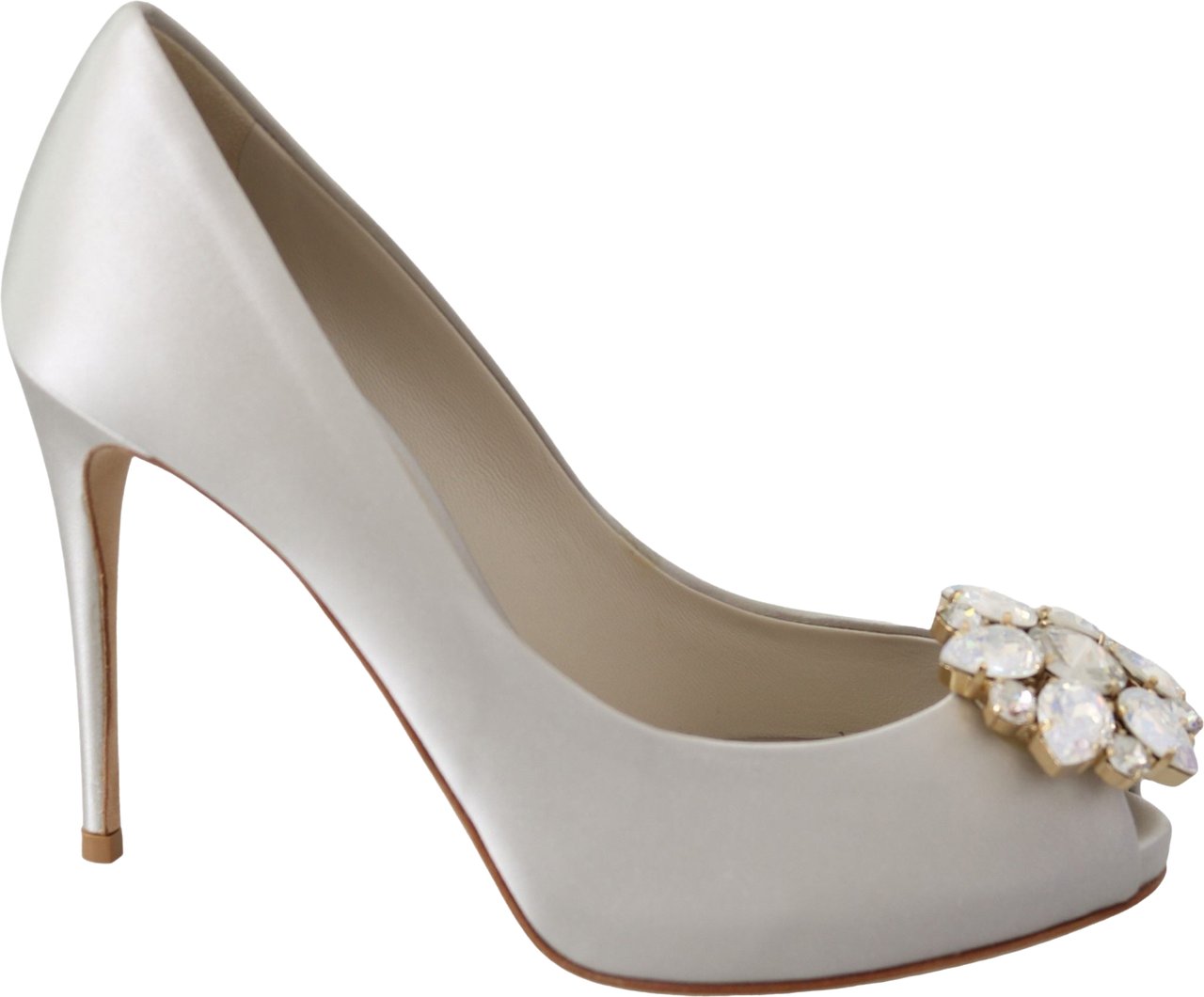 Dolce & Gabbana White Crystals Peep Toe Heels Satin Pumps Shoes Wit