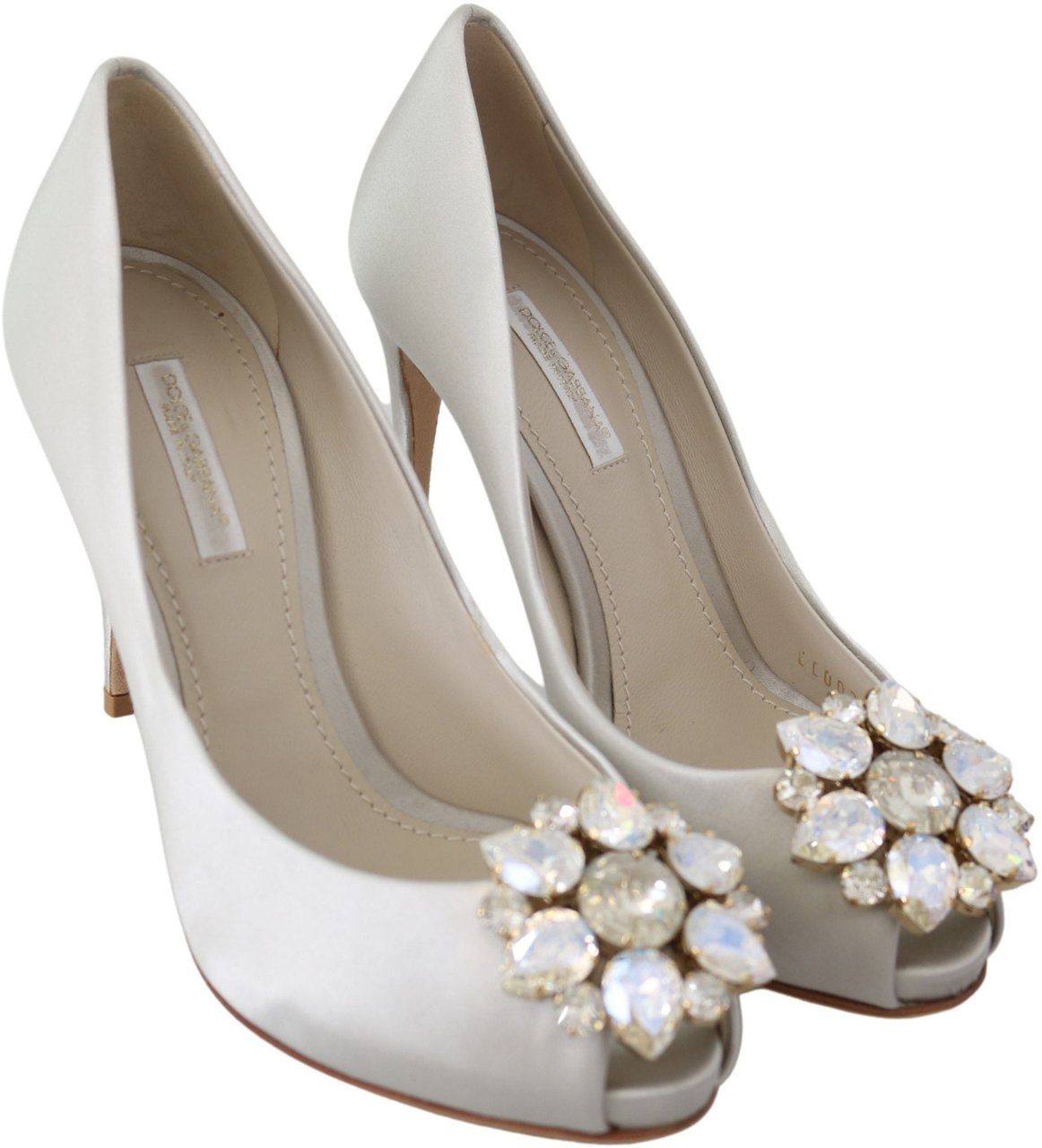 Dolce & Gabbana White Crystals Peep Toe Heels Satin Pumps Shoes Wit