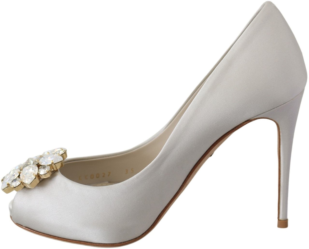 Dolce & Gabbana White Crystals Peep Toe Heels Satin Pumps Shoes Wit