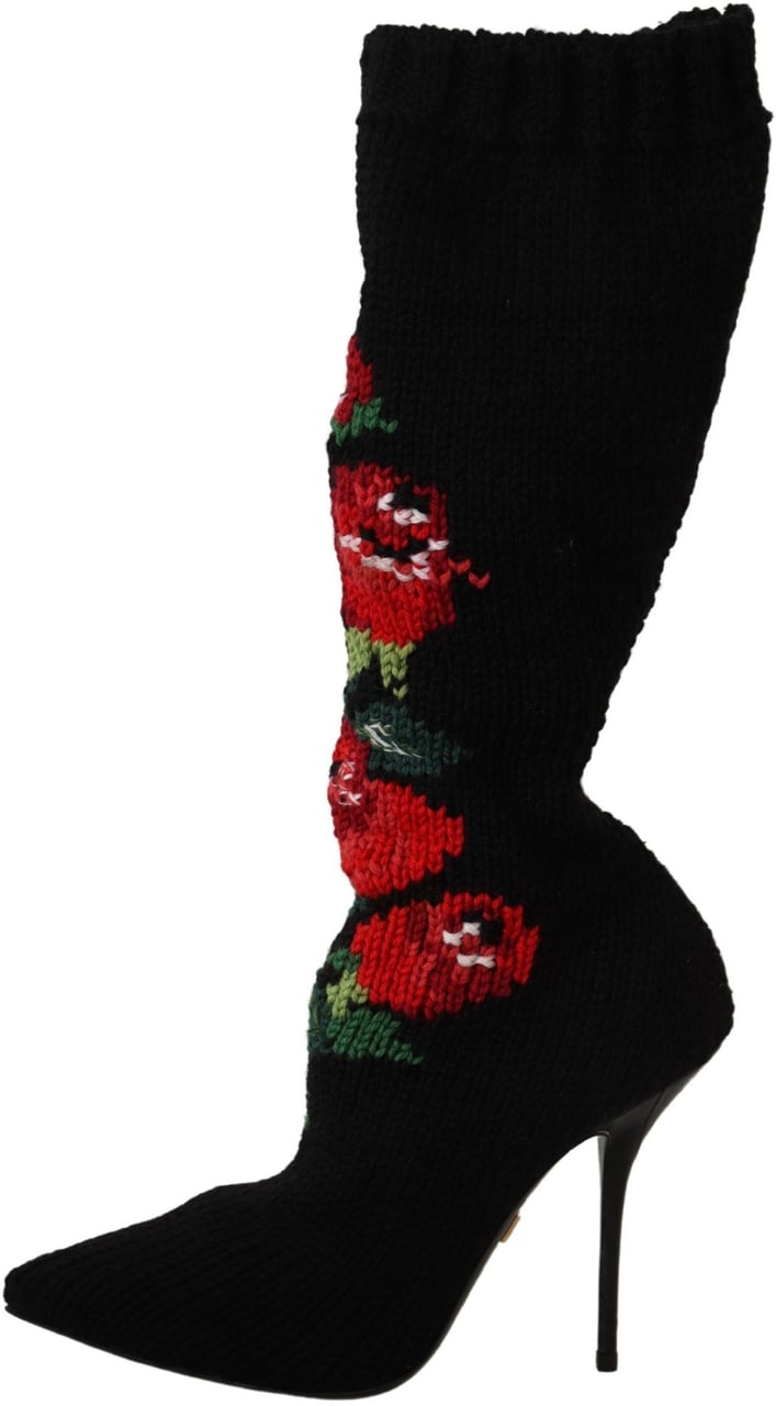 Dolce & Gabbana Black Stretch Socks Red Roses Booties Shoes Zwart