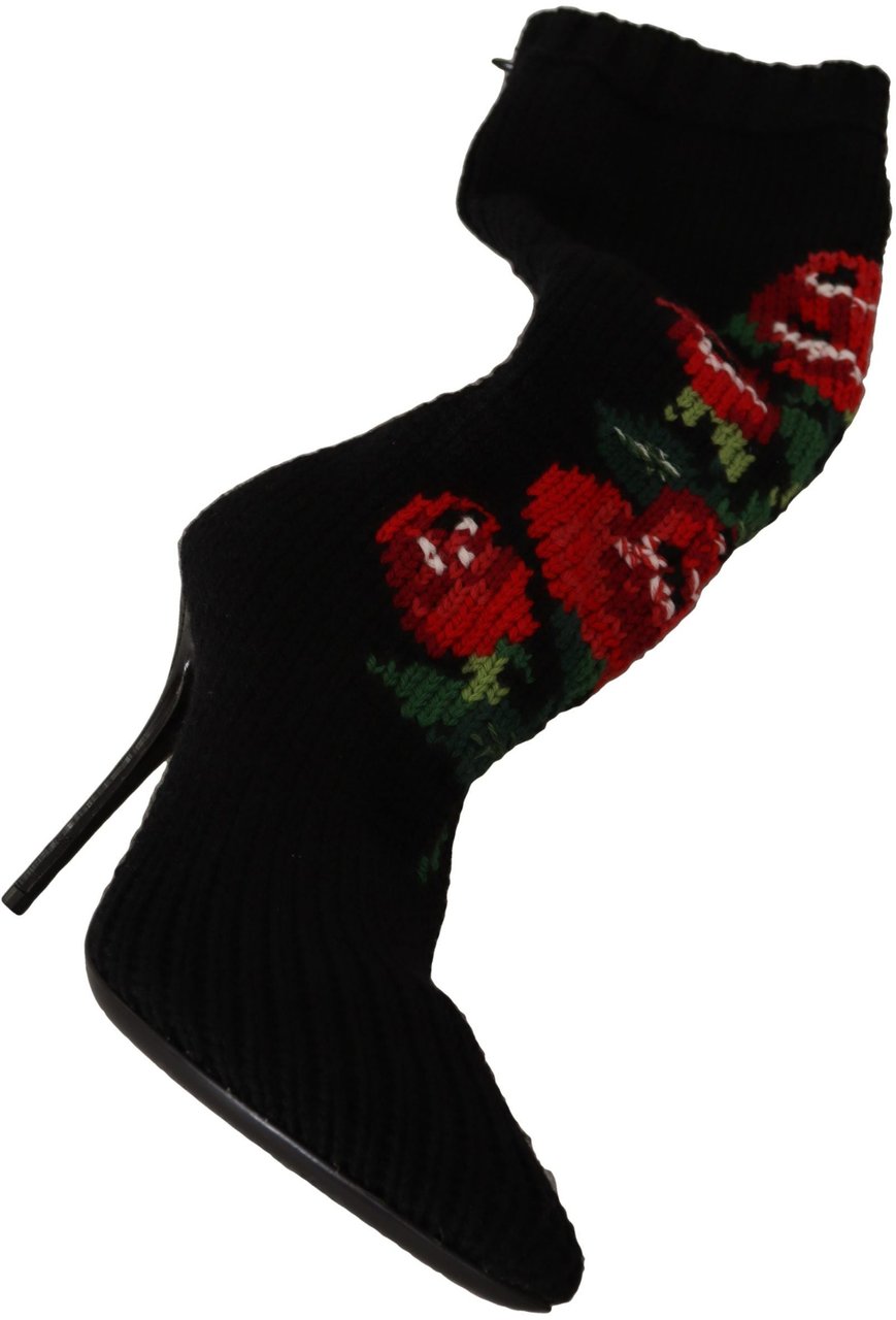 Dolce & Gabbana Black Stretch Socks Red Roses Booties Shoes Zwart