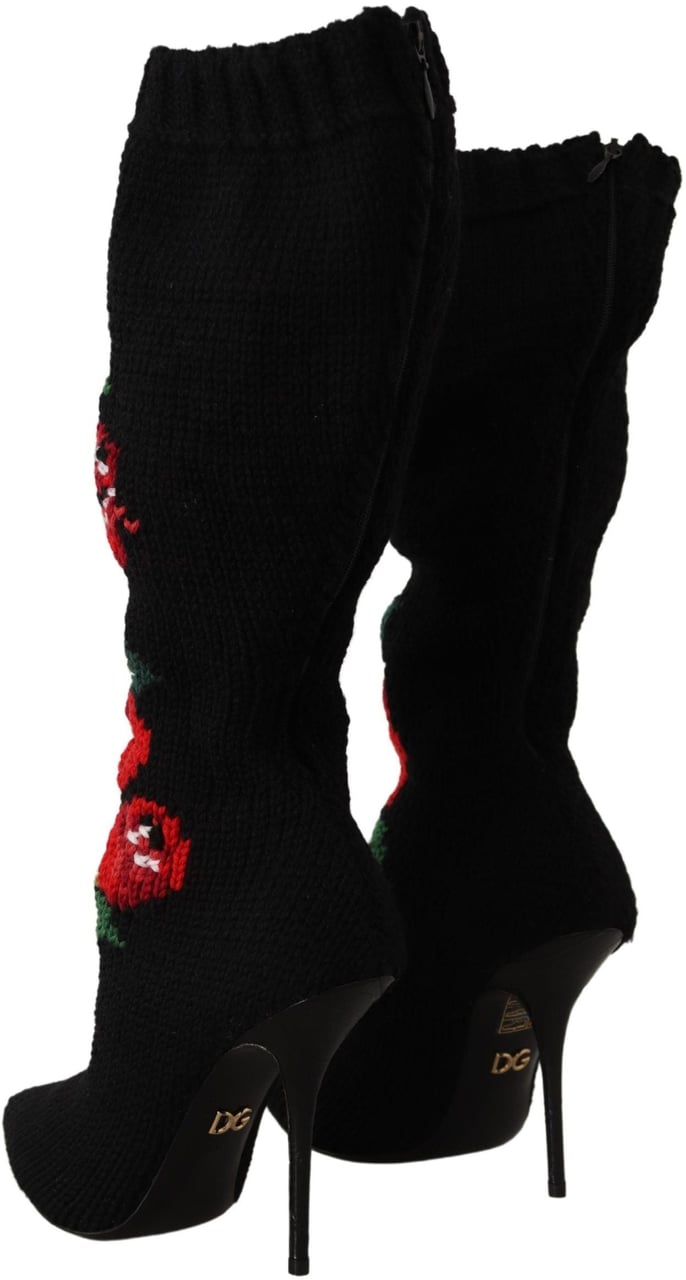 Dolce & Gabbana Black Stretch Socks Red Roses Booties Shoes Zwart