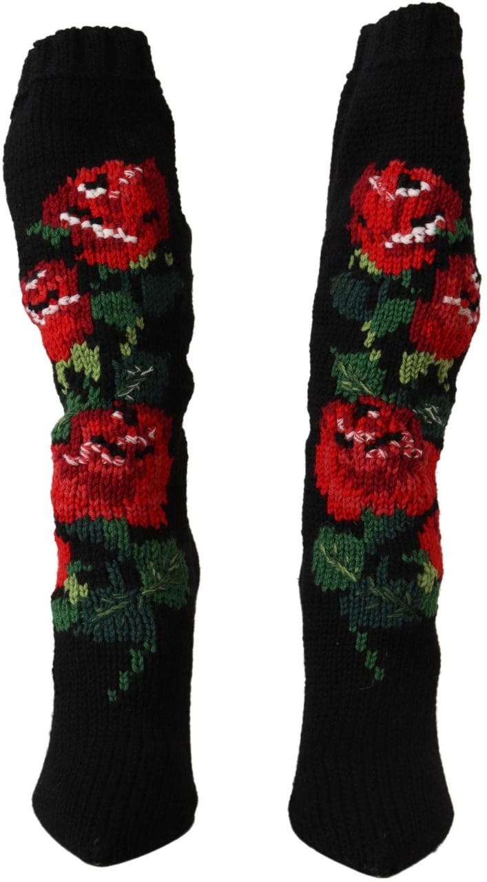 Dolce & Gabbana Black Stretch Socks Red Roses Booties Shoes Zwart