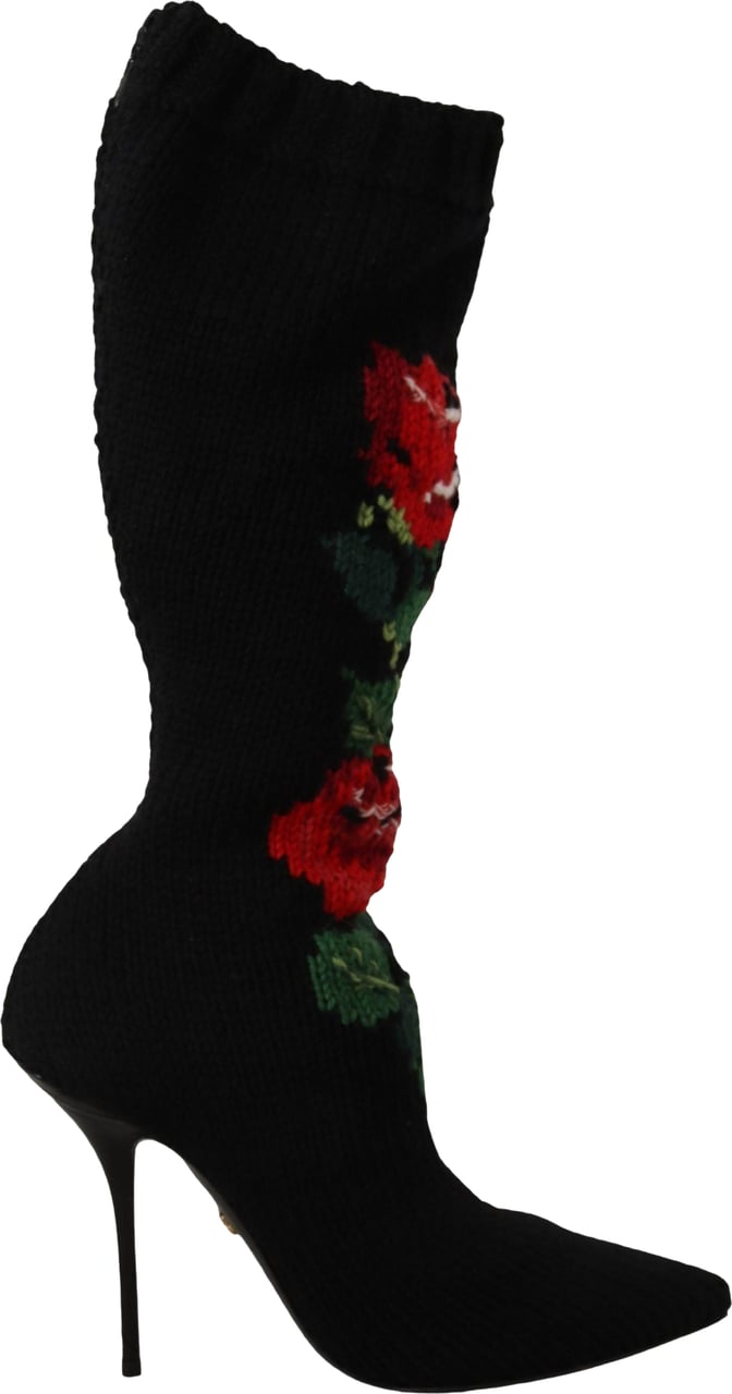 Dolce & Gabbana Black Stretch Socks Red Roses Booties Shoes Zwart