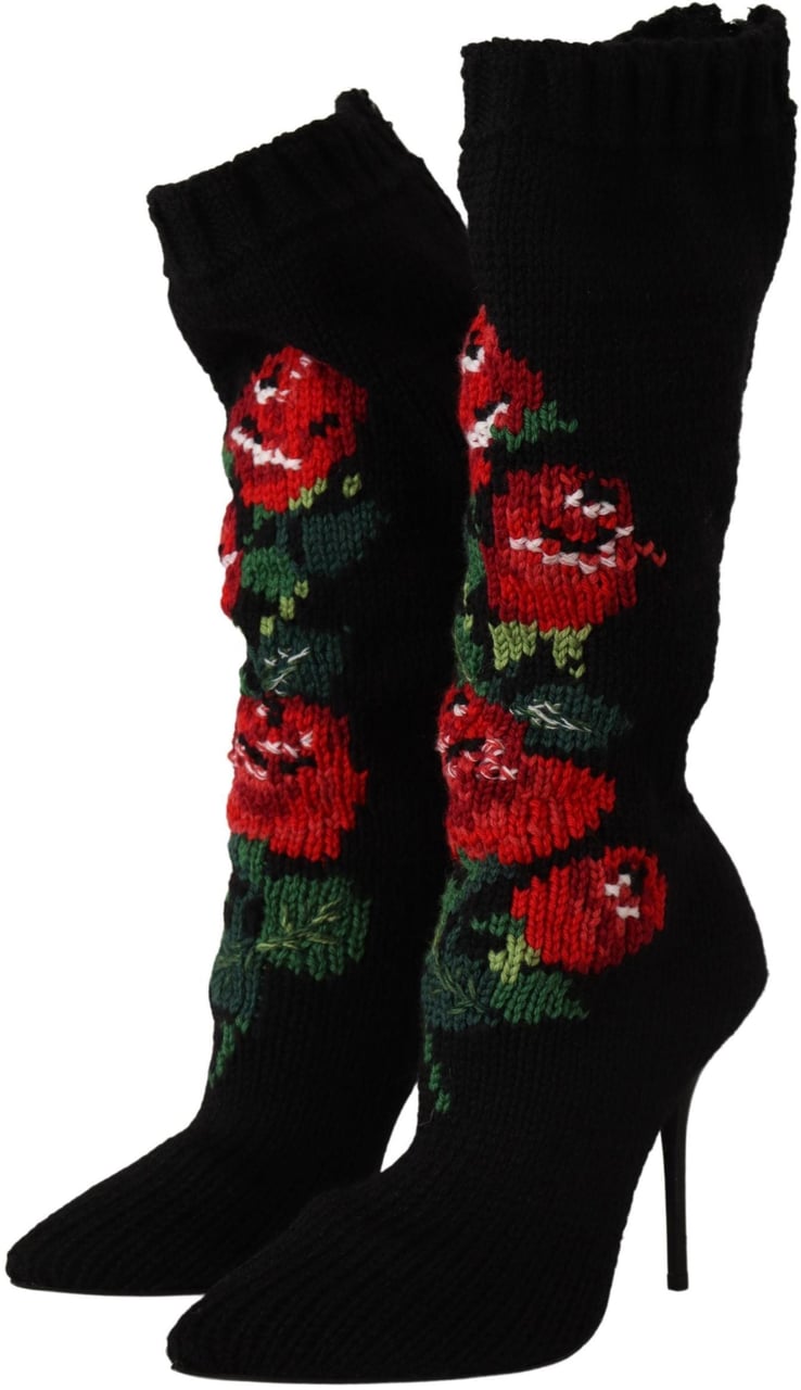 Dolce & Gabbana Black Stretch Socks Red Roses Booties Shoes Zwart