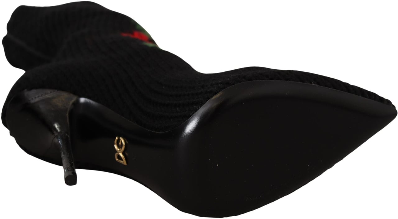 Dolce & Gabbana Black Stretch Socks Red Roses Booties Shoes Zwart