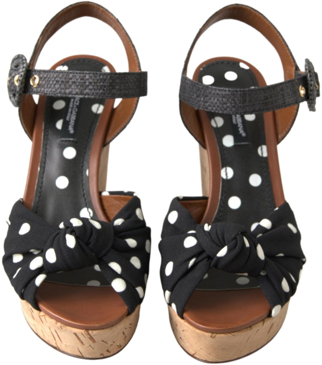 Dolce & Gabbana Black Wedges Polka Dotted Ankle Strap Shoes Sandals Zwart