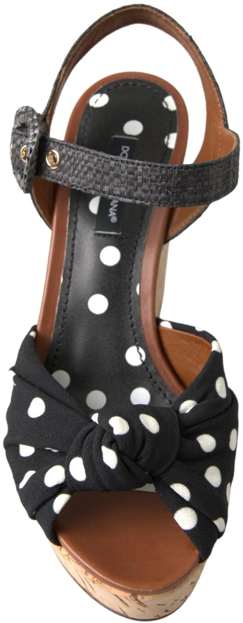 Dolce & Gabbana Black Wedges Polka Dotted Ankle Strap Shoes Sandals Zwart