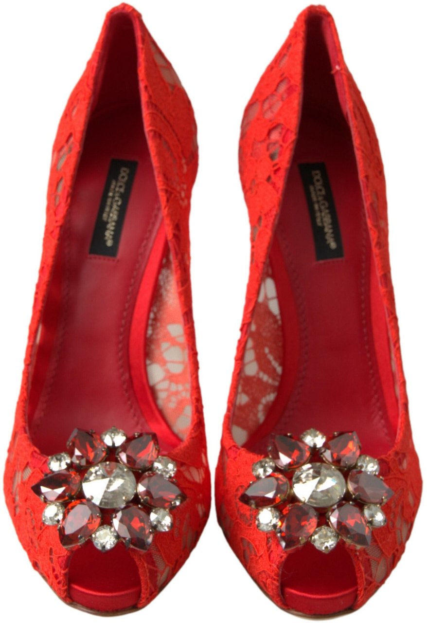 Dolce & Gabbana Red Taormina Lace Crystal Heels Pumps Shoes Rood