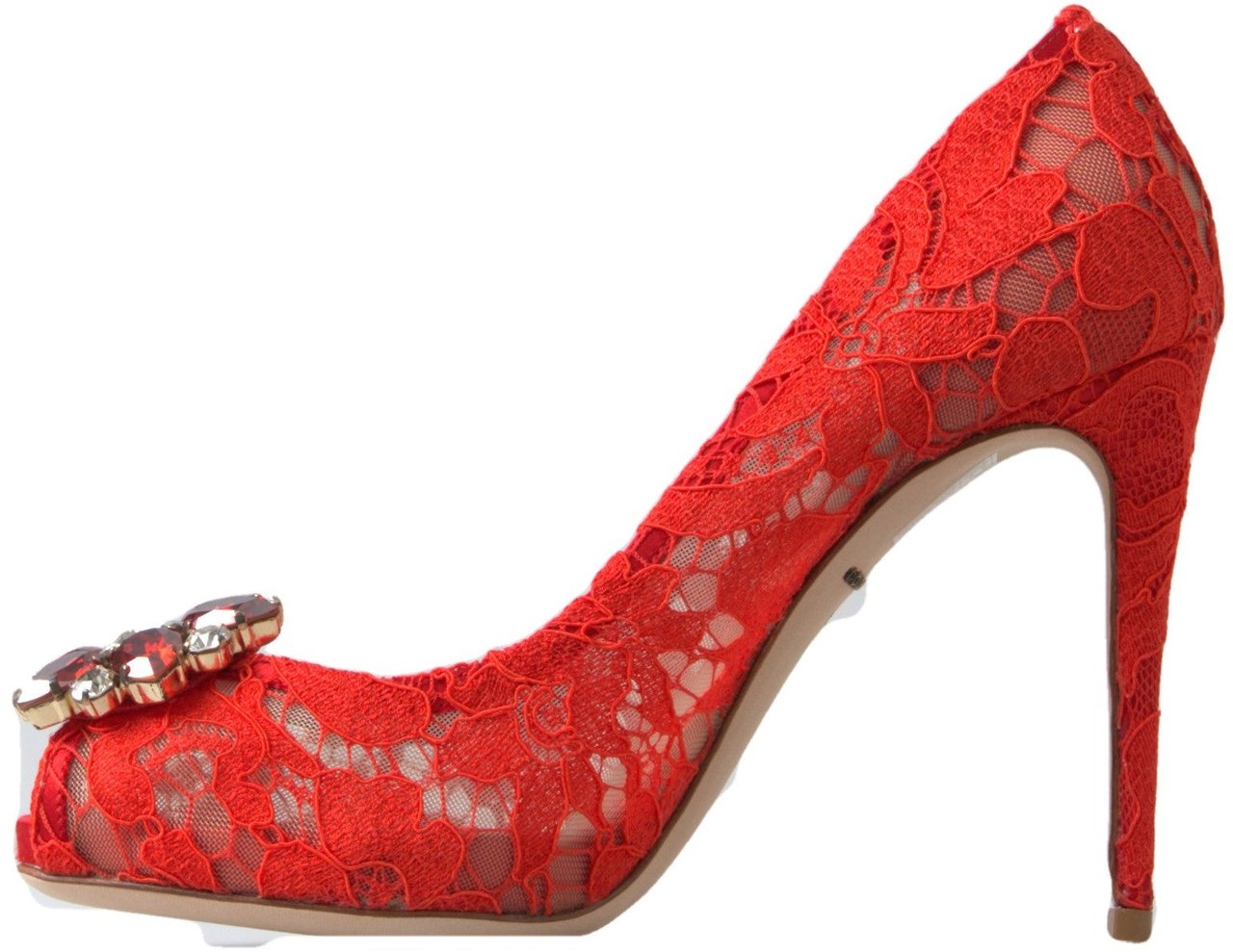 Dolce & Gabbana Red Taormina Lace Crystal Heels Pumps Shoes Rood