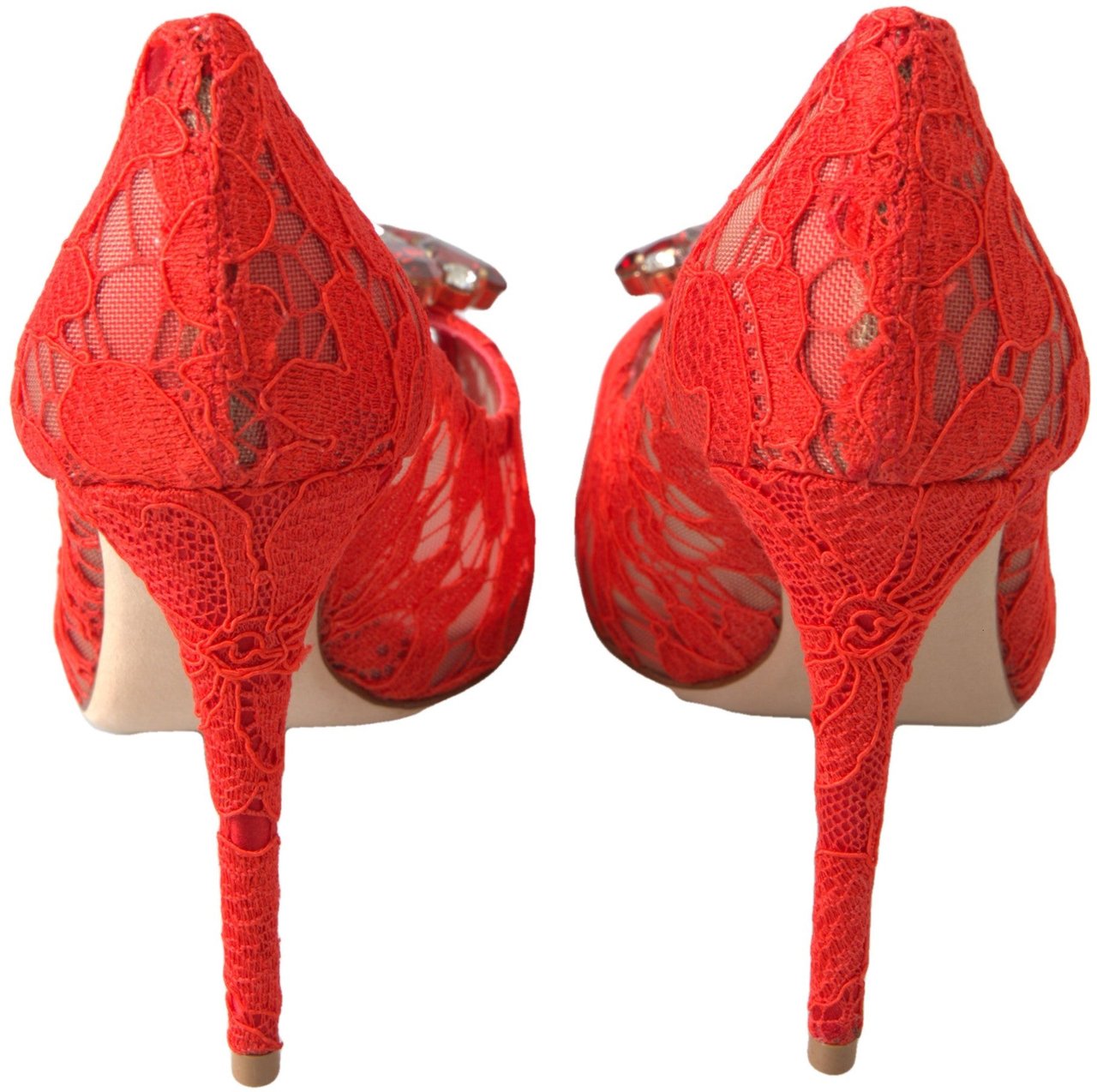 Dolce & Gabbana Red Taormina Lace Crystal Heels Pumps Shoes Rood