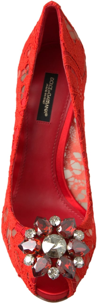 Dolce & Gabbana Red Taormina Lace Crystal Heels Pumps Shoes Rood
