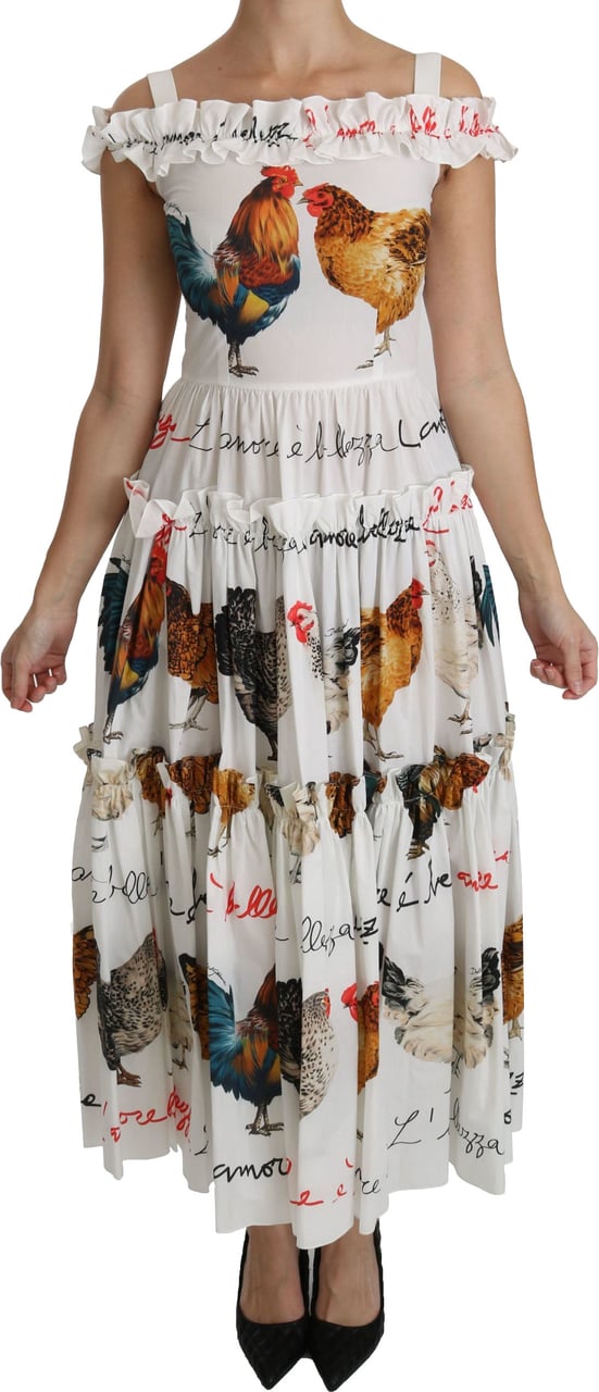 Dolce & Gabbana White Rooster Sheath Midi Cotton Dress Wit