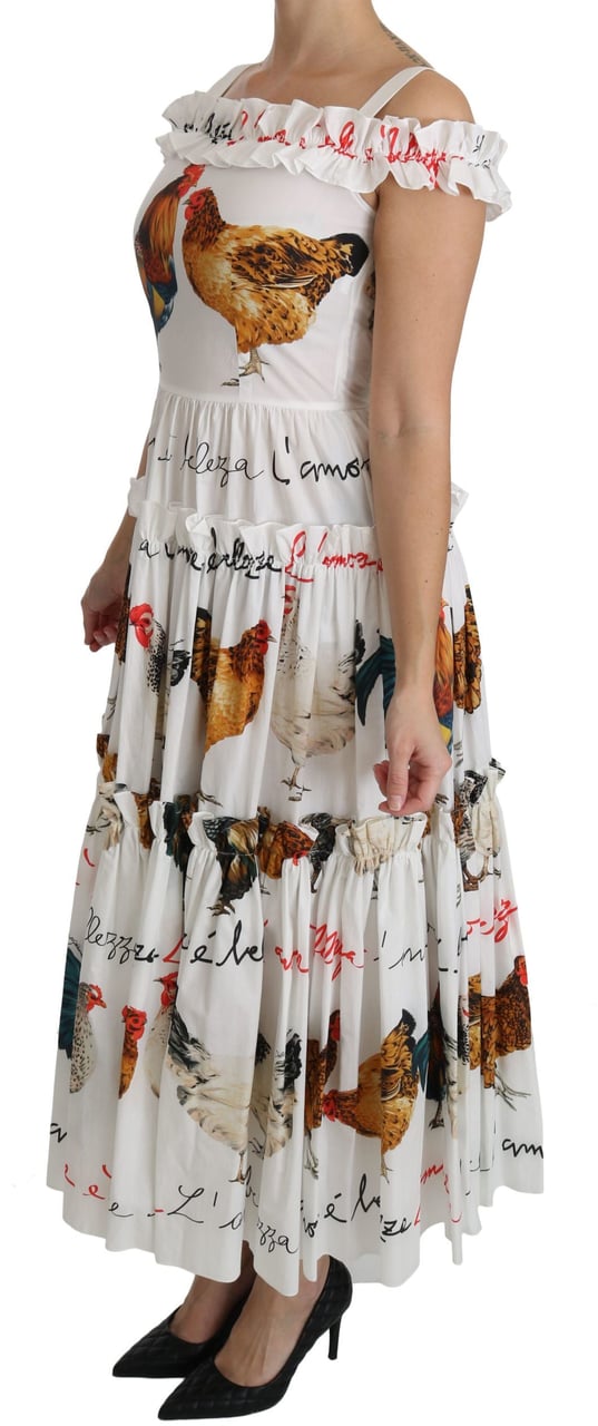 Dolce & Gabbana White Rooster Sheath Midi Cotton Dress Wit