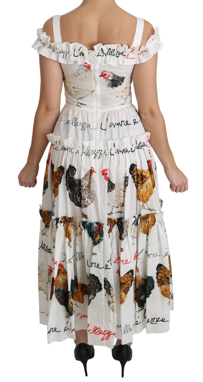 Dolce & Gabbana White Rooster Sheath Midi Cotton Dress Wit