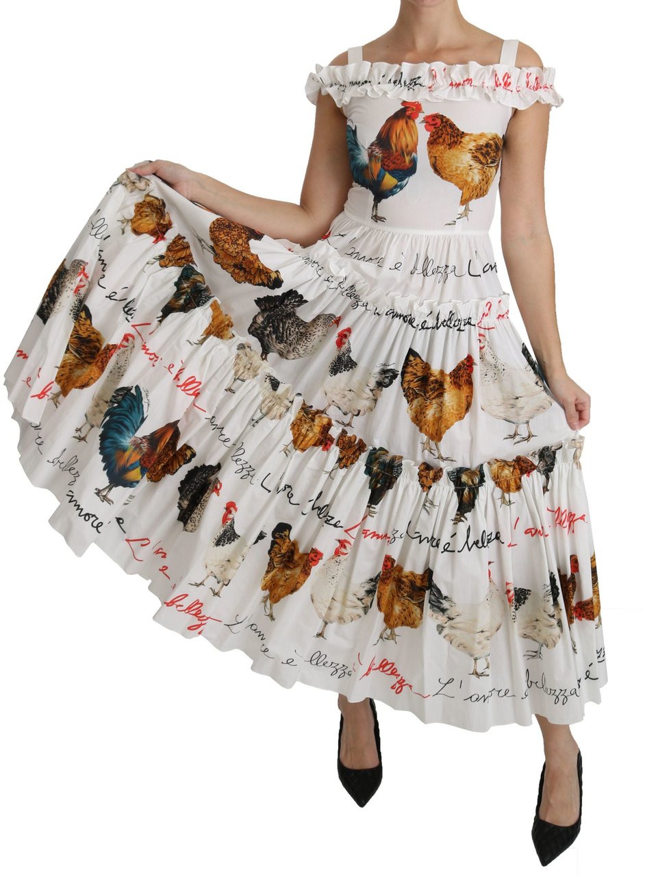 Dolce & Gabbana White Rooster Sheath Midi Cotton Dress Wit