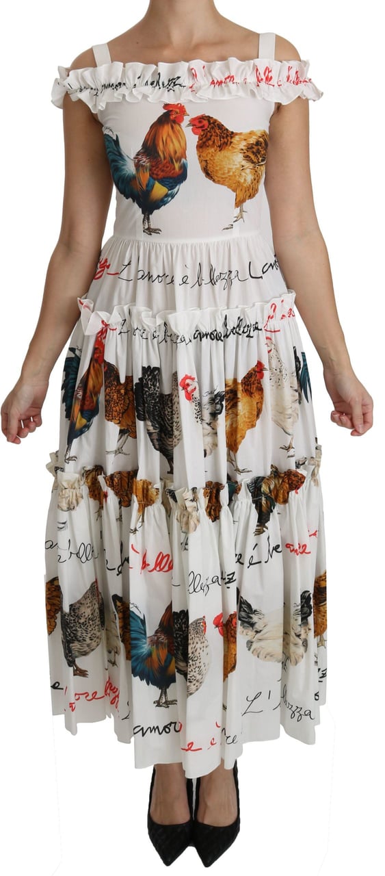 Dolce & Gabbana White Rooster Sheath Midi Cotton Dress Wit