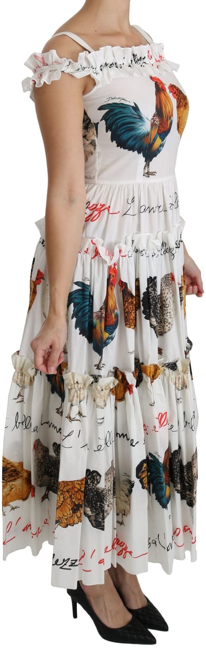 Dolce & Gabbana White Rooster Sheath Midi Cotton Dress Wit