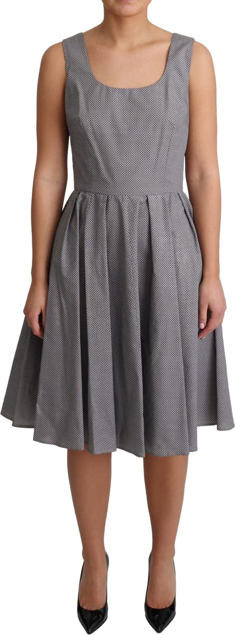 Dolce & Gabbana Blue Beige Geometric Cotton A-Line Dress Blauw