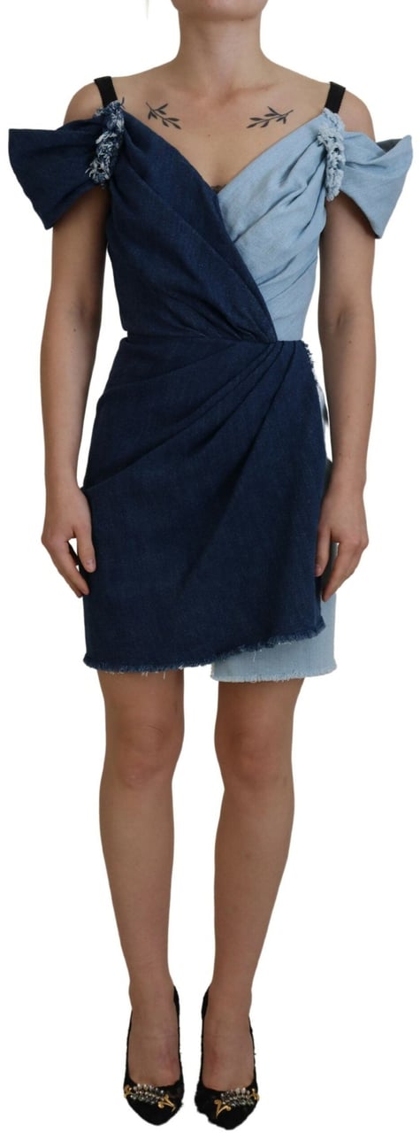 Dolce & Gabbana Two Tone Blue Patchwork Denim Mini Dress Blauw